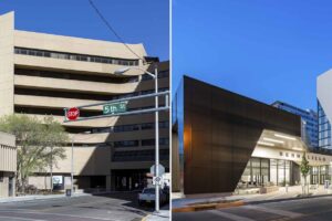Exterior before/after from 5th and Silver. Final photos courtesy Dekker/Perich/Sabatini.